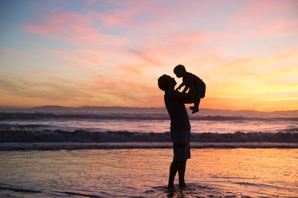 BAM! Be A Man. Father And Son At The Beach Sunset.