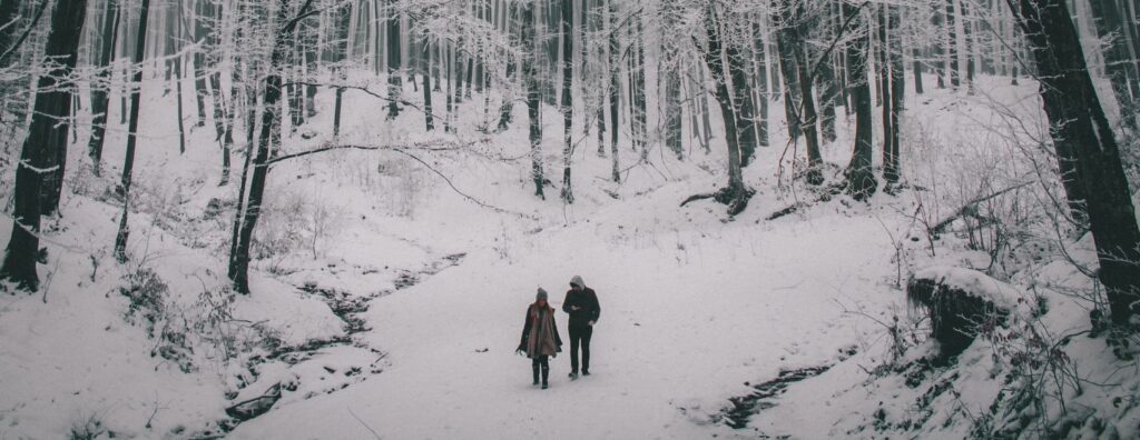 BAM! Be A Man. Winter Couple Walking In The Woods